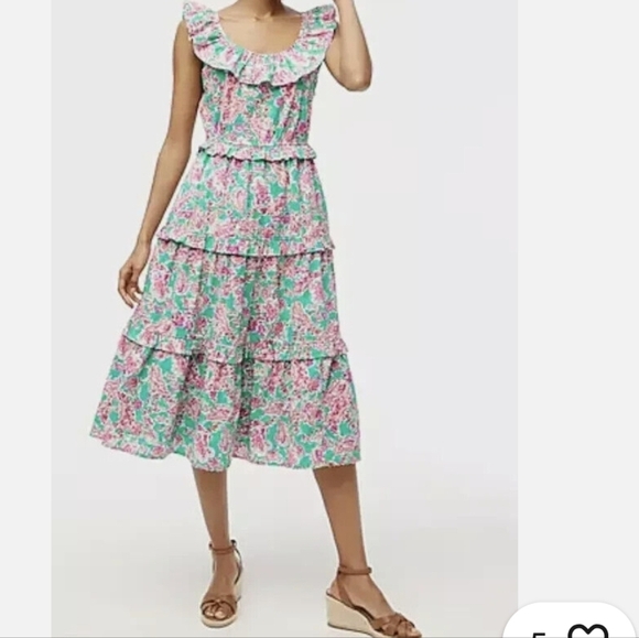 J. Crew Dresses & Skirts - J. Crew Green Floral Swiss Dot Ruffle Tiered Midi Dress Cotton 00